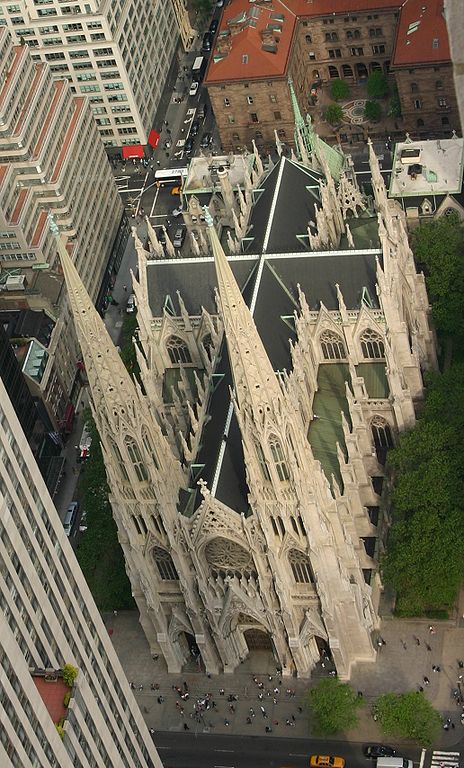 The neo-gothic St Patrick's Cathedral in New York City, as seen from Rockefeller Center
