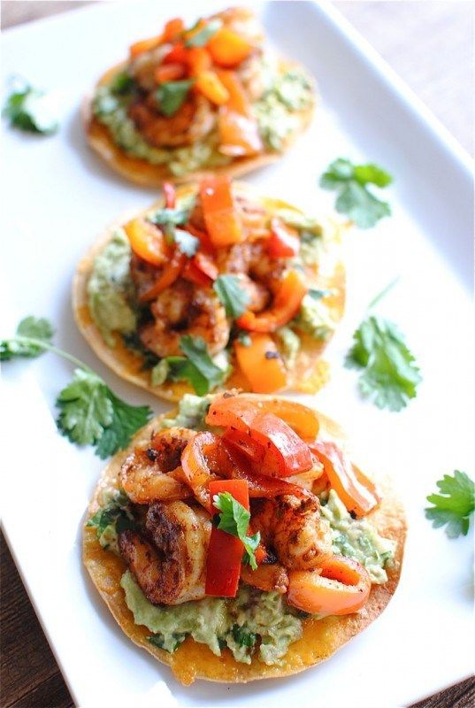Shrimp (prawn) and Guacamole Tostadas